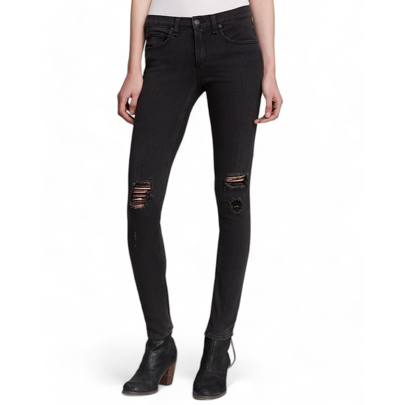 rag & bone Women's Soft Black Skinny Jeans Size 24 Rock w/ Holes Distressed Boho - Picture 1 of 10